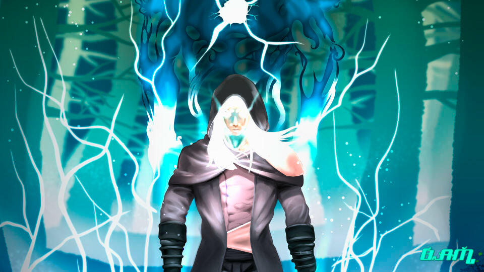 Dark Fantasy Concept Art Digital concept art of a mysterious hooded character with glowing white hair and face, channeling intense blue lightning magic in a dark, atmospheric forest.