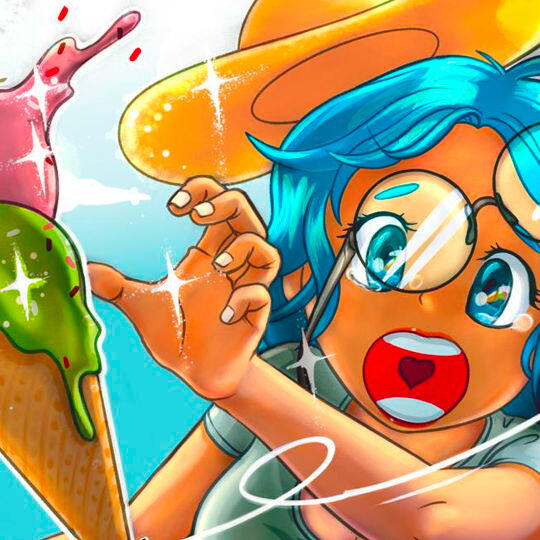 Colorful digital illustration of a surprised blue-haired anime girl with glasses reaching for a giant, sparkling ice cream cone, drawn in a vibrant manga style.