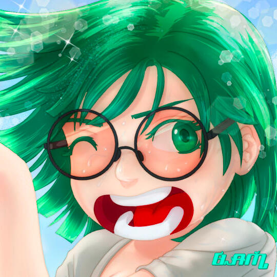 Digital illustration of a cheerful green-haired anime girl wearing round glasses, playing in the ocean with dynamic water splashes and vibrant summer colors.
