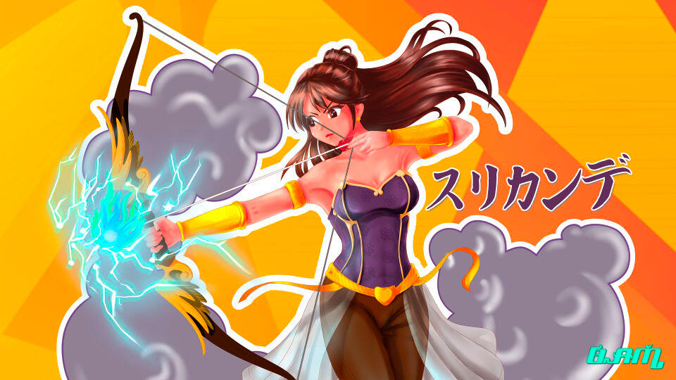 Digital anime style illustration of Srikandi, a legendary female archer aiming a glowing blue magical bow against a vibrant orange background.