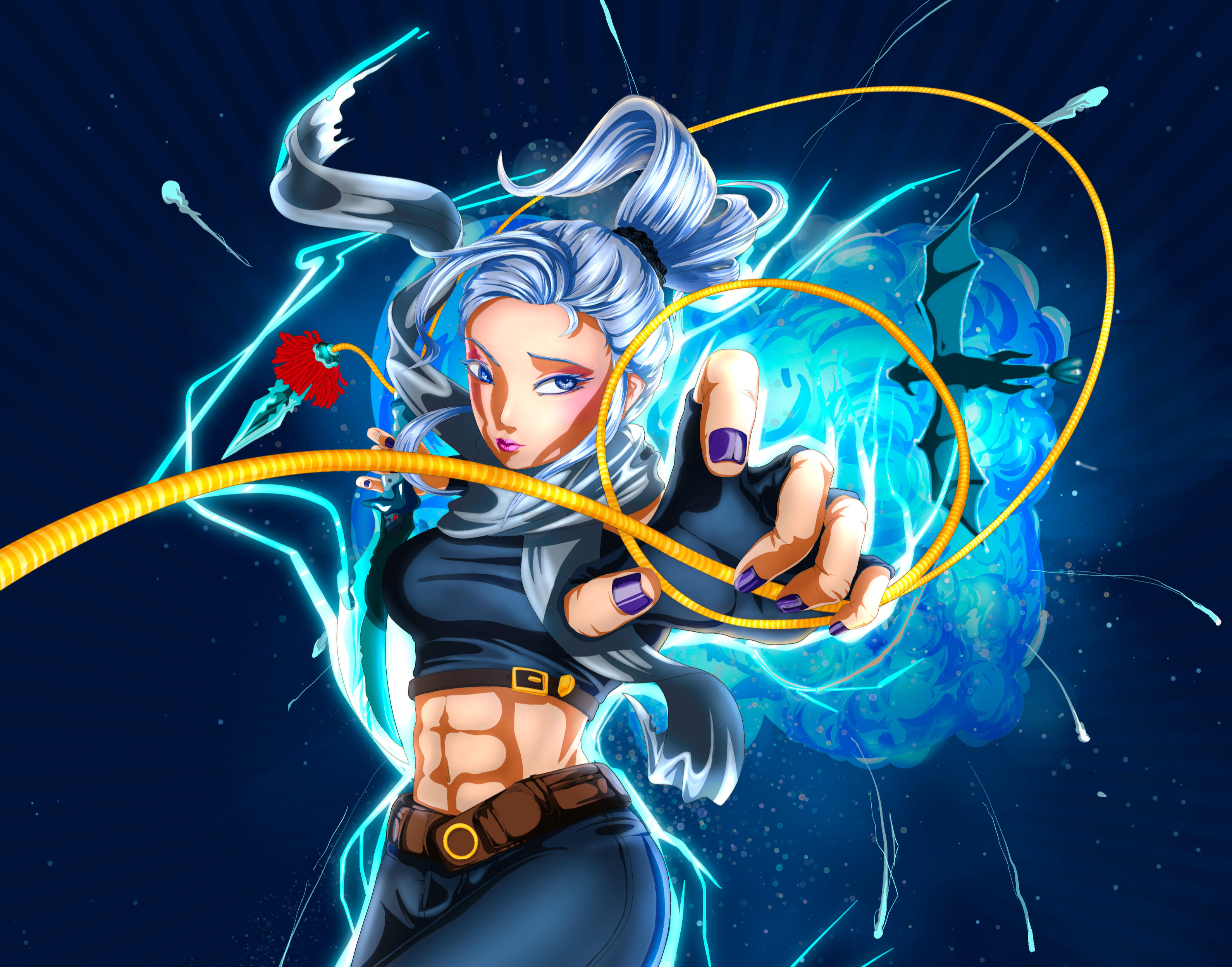 Dynamic digital art of a blue-haired ninja character in anime manga style, channeling electricity, fantasy combat scene created in Clip Studio Paint.