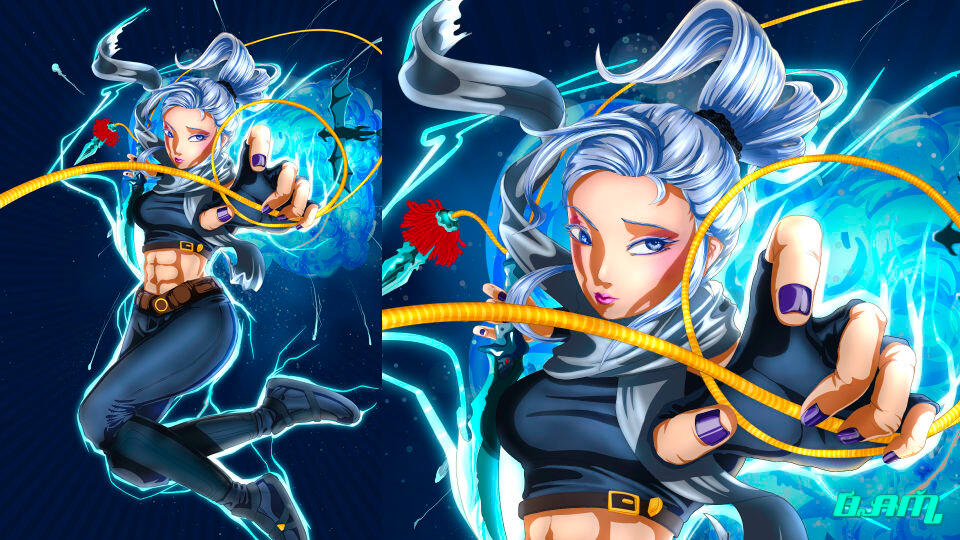 Electro-Strike Ninja: Fantasy Manga Illustration Dynamic digital art of a blue-haired ninja character in anime manga style, channeling electricity, fantasy combat scene created in Clip Studio Paint.
